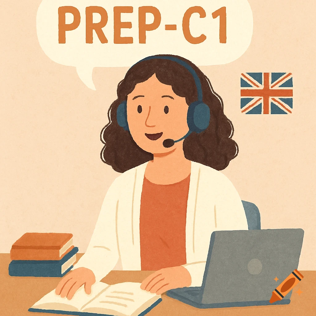 A smiling female teacher with a headset sits at a desk with books and a laptop. 'PREP-C1' in a speech bubble, UK flag visible. Flat pastel illustration.