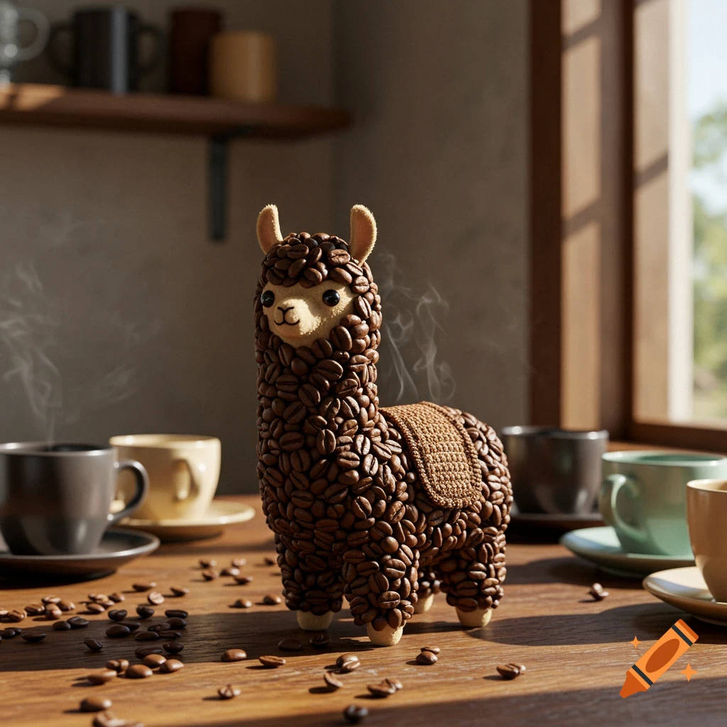 Photorealistic image of a cute llama sculpture made of coffee beans, sitting on a wooden table with steaming coffee cups.