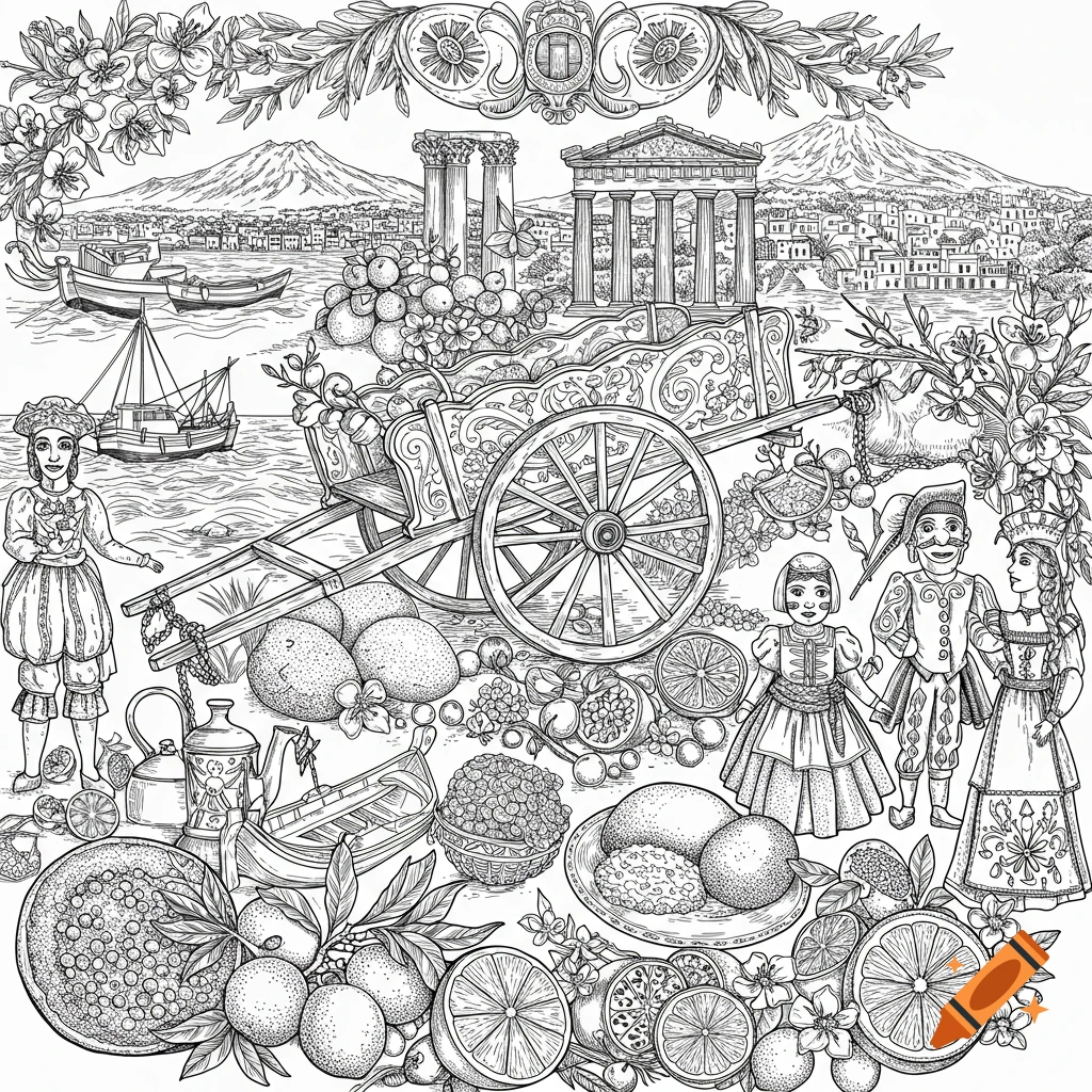 Detailed black and white line art collage depicting traditional Sicilian elements: a decorated cart, ancient ruins, boats, people in attire, fruit, and mountains.
