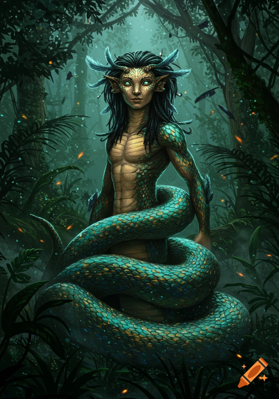 A muscular humanoid snake creature with green scales, black hair, and glowing eyes stands in a dark, lush jungle.