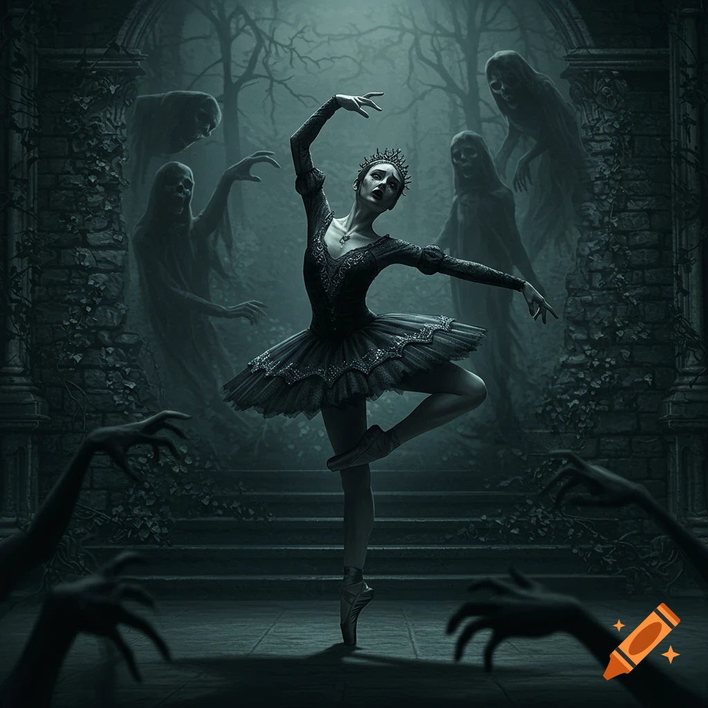 A gothic ballerina in a dark tutu dances en pointe amidst ghostly figures and gnarled branches in an eerie setting.