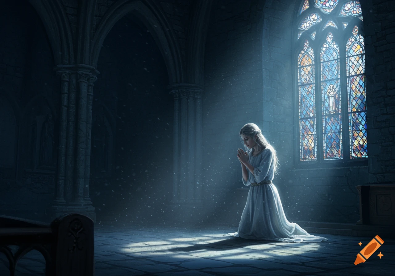 A woman kneels in prayer inside a dark gothic church, bathed in light from a large, colorful stained glass window.
