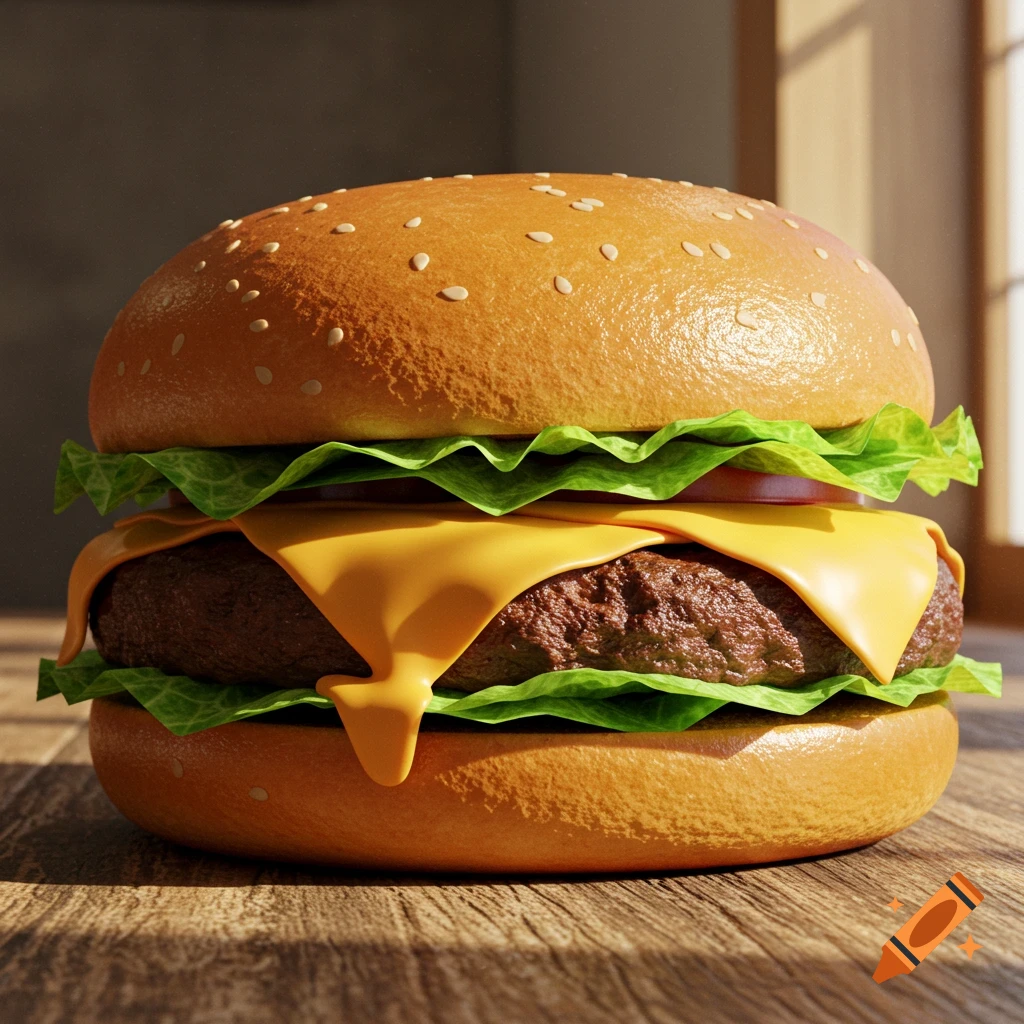 A close-up, photorealistic view of an appetizing cheeseburger with melted cheese, lettuce, and a beef patty on a wooden table.