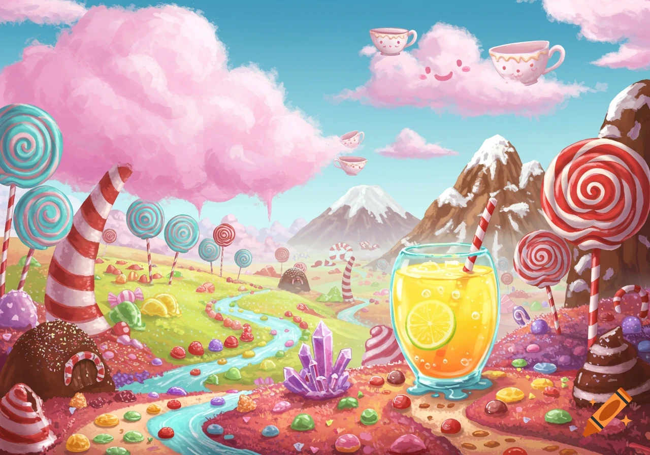 A whimsical candy land landscape featuring lollipops, cotton candy clouds, candy mountains, a river of sweets, and a glass of lemonade.