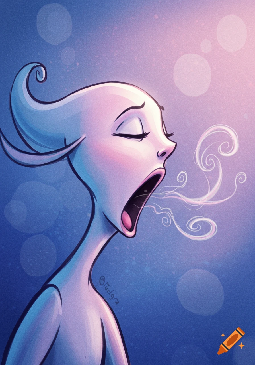 A stylized, light blue-skinned character with swirling hair yawns, exhaling white smoke against a blue and pink gradient background.