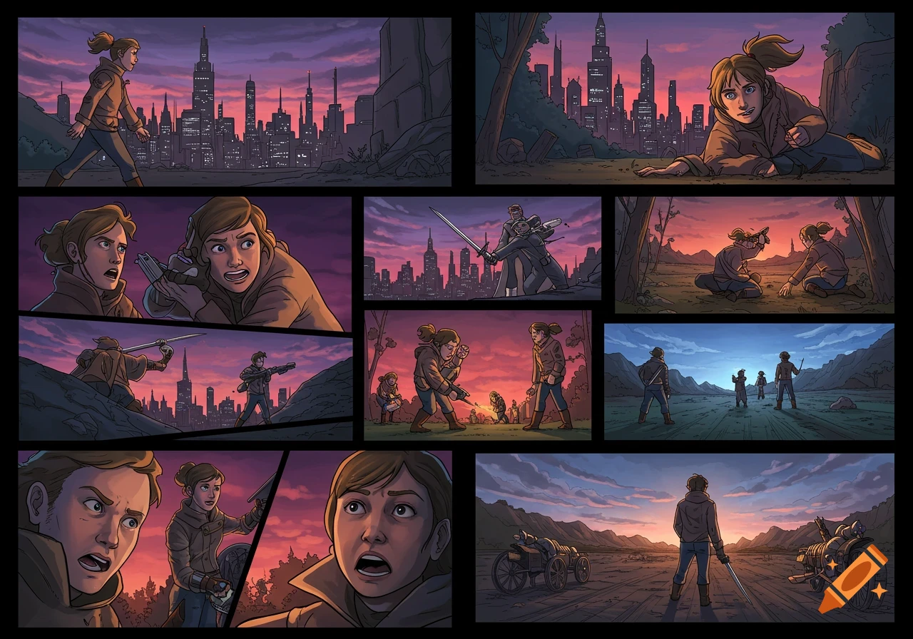 A multi-panel comic strip showing a female character in a post-apocalyptic world, featuring city ruins, fights with swords and guns, and vast landscapes under a colorful sky.