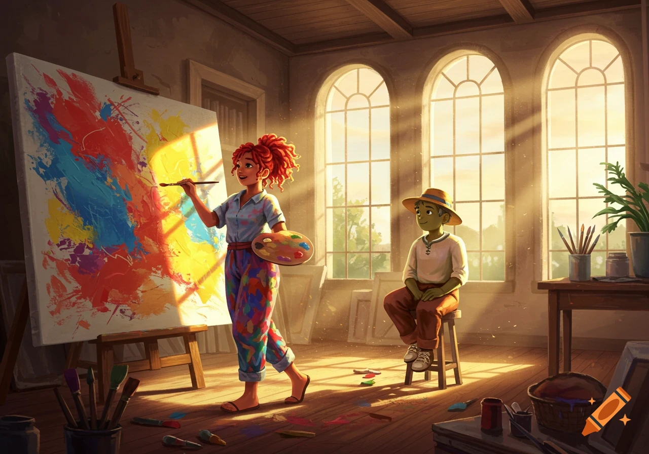 Illustration of a red-haired artist painting a colorful abstract artwork in a sunny studio, observed by another person.
