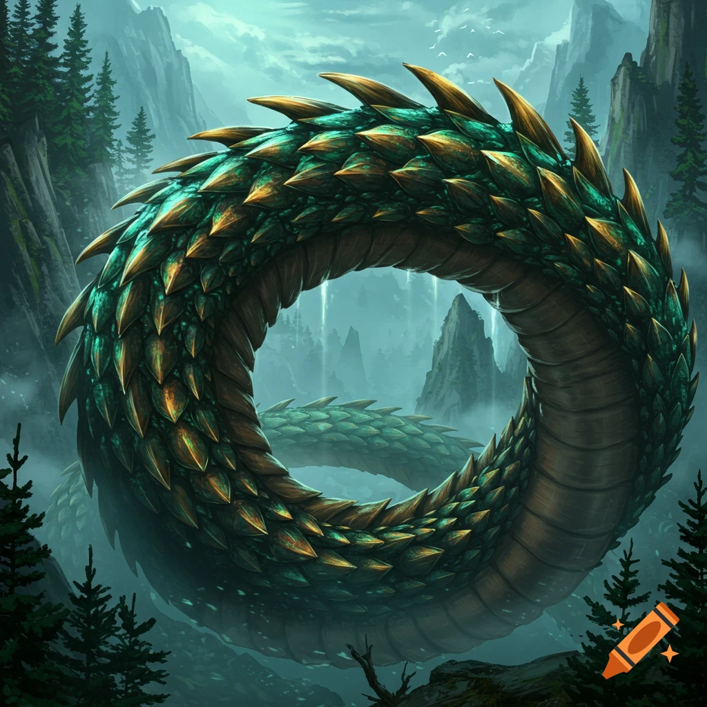 A majestic green and gold scaled dragon coils its body into a circular shape amidst a misty, forested mountain landscape.