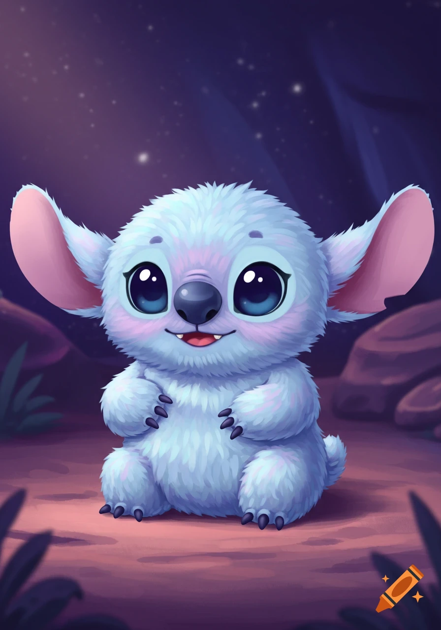 A cute, fluffy blue and purple cartoon alien creature, inspired by Stitch, with big expressive eyes and floppy ears, sits smiling in a starry night.