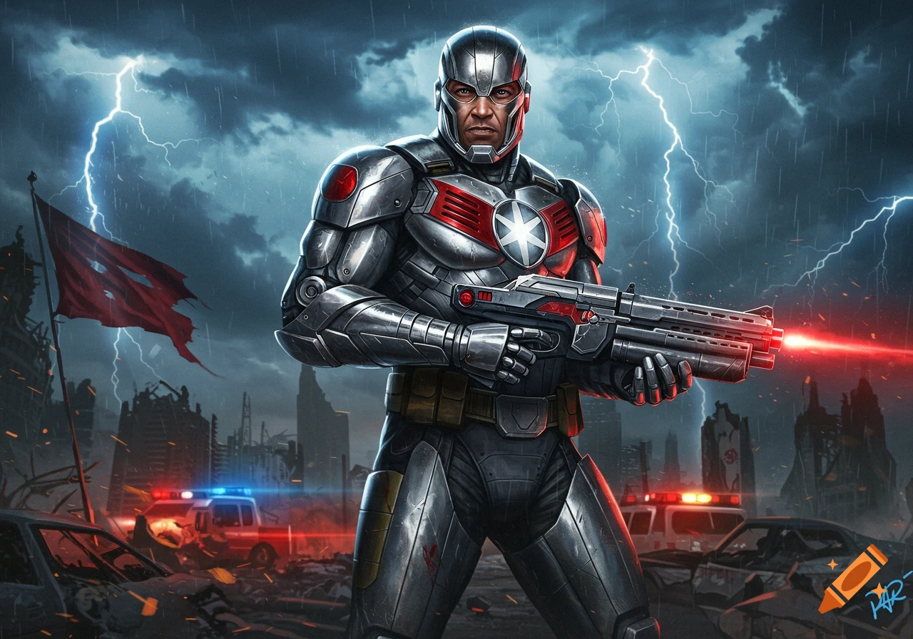 A man in silver and red futuristic armor holding a laser rifle stands in a rainy, lightning-filled ruined city with police cars and a red flag.