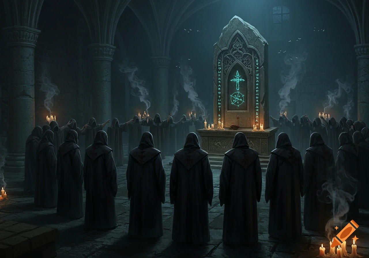 A group of robed figures performing a ritual around a glowing stone altar in a dark gothic chamber.