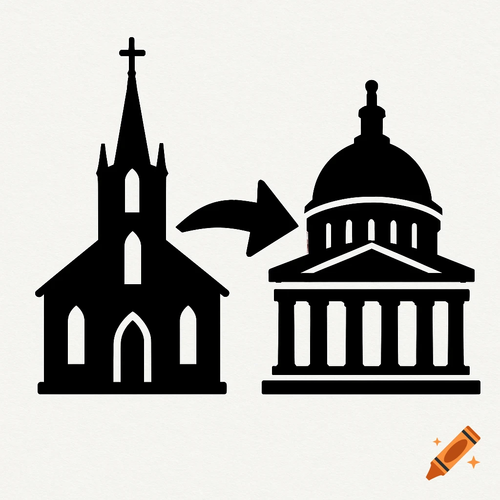 Black and white clip art icon of a church with a cross on its steeple, an arrow pointing to a capitol building with a dome.