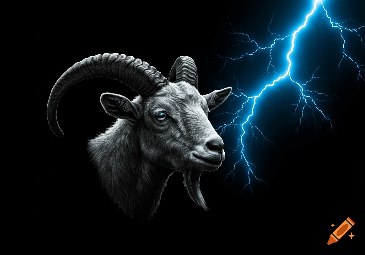 Monochromatic illustration of a goat's head with glowing blue eyes and a bright blue lightning bolt on a black background.