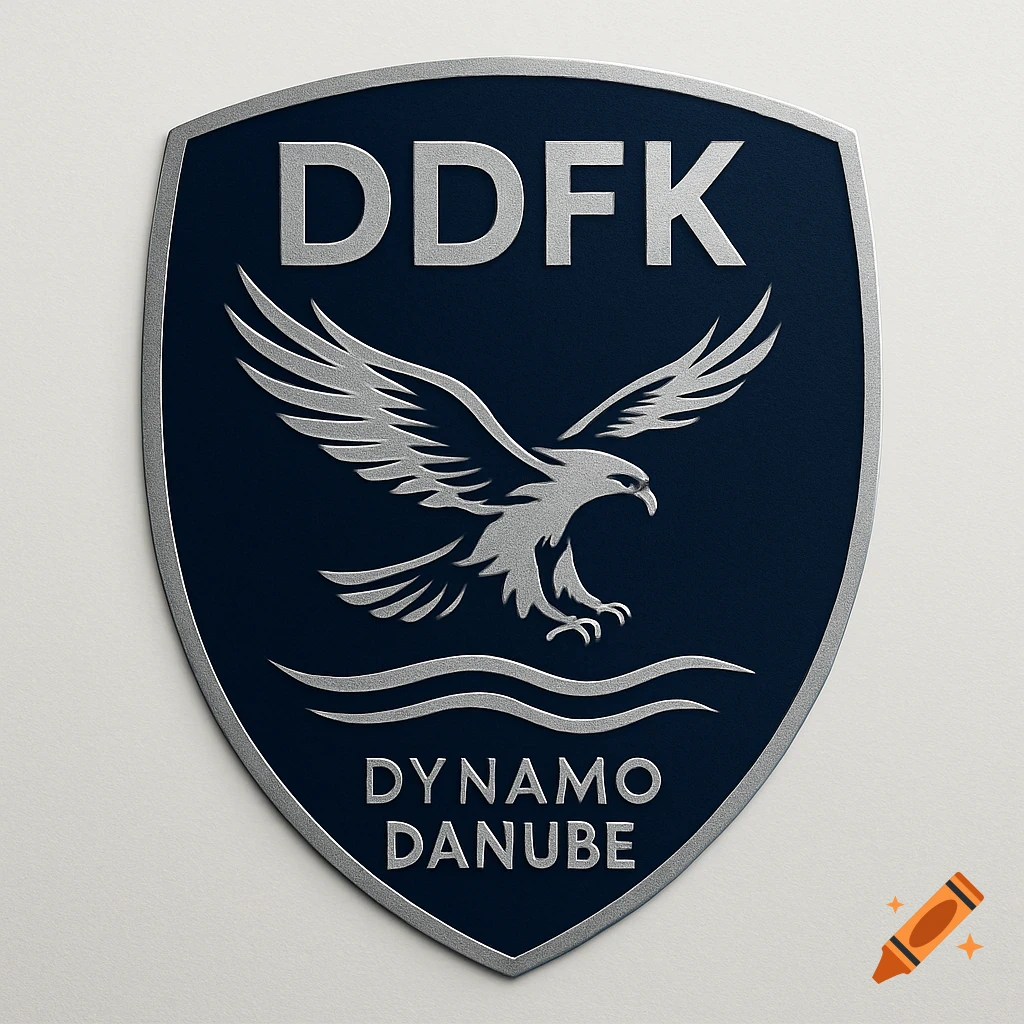 A dark blue football crest with silver trim, featuring a stylized silver eagle, waves, and the text DDFK and Dynamo Danube.