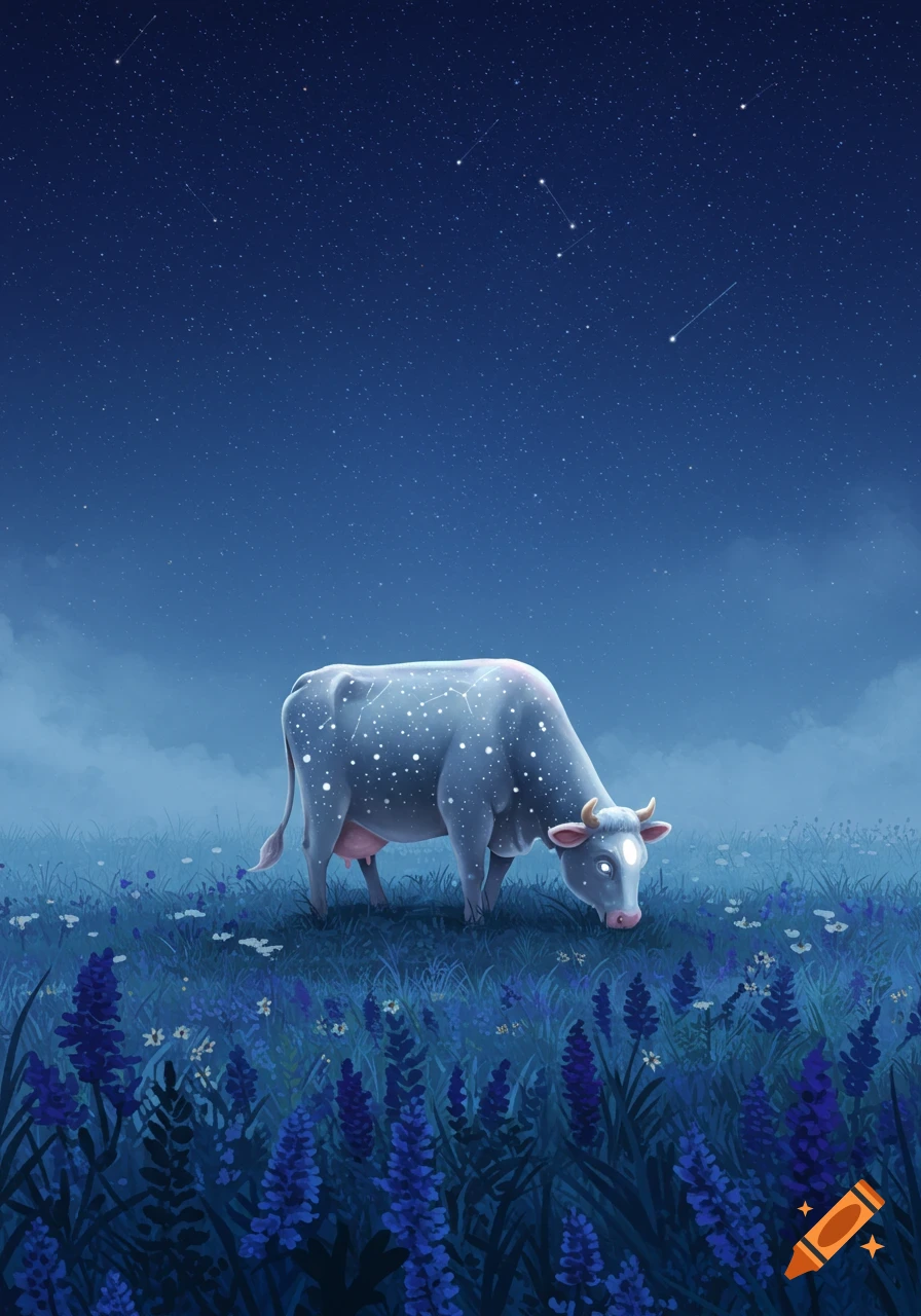 A celestial cow covered in white stars grazes in a field of blue flowers under a dark, starry night sky with shooting stars.