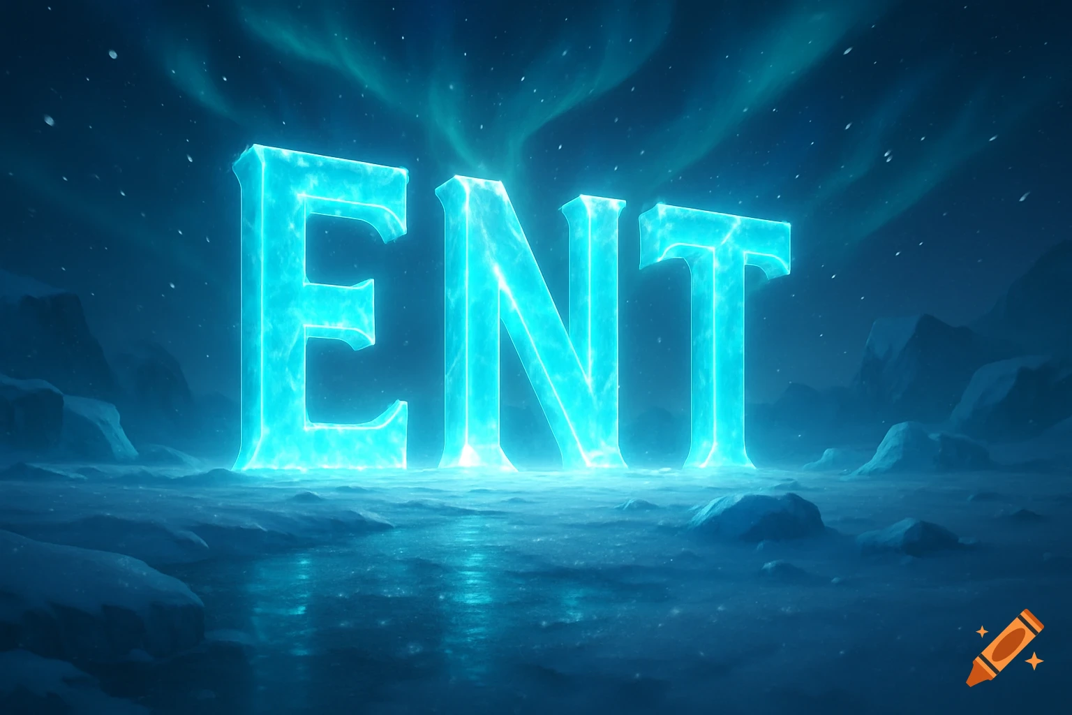 The letters ENT, glowing bright blue, stand tall in a frozen, icy landscape under a starry sky with aurora borealis.