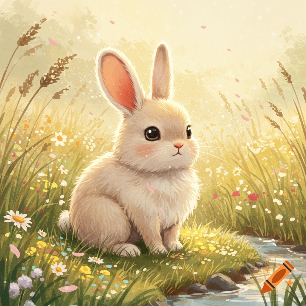 Cute watercolor illustration of a bunny sitting in a sunny field next to a stream, surrounded by wildflowers.