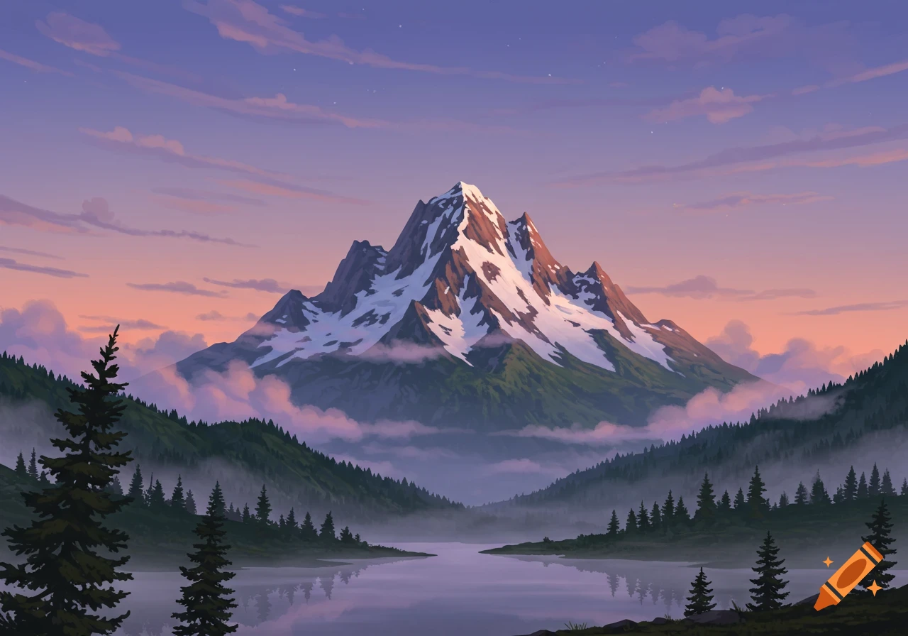 Snow-capped mountain overlooking a serene lake and pine forest under a colorful twilight sky, illustration.