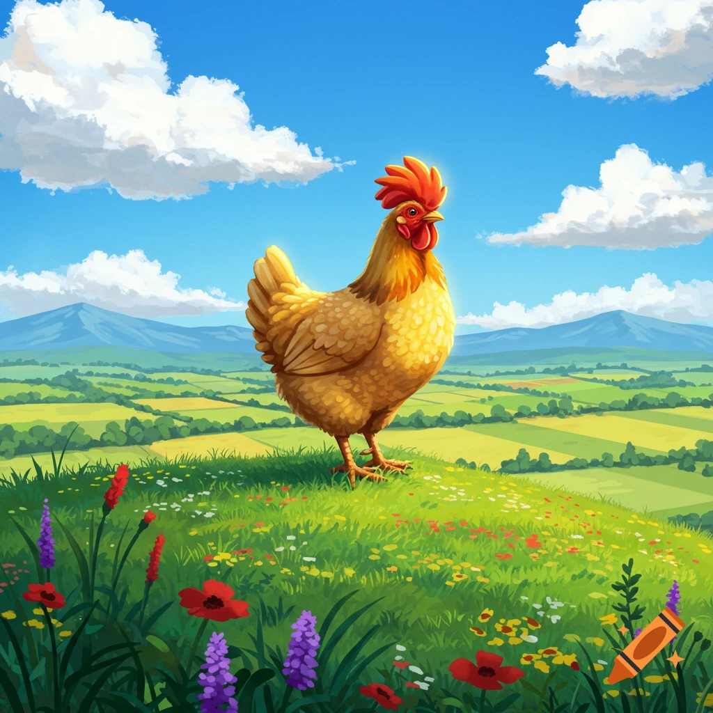 A cartoon chicken stands on a green hill with wildflowers, under a blue sky with fluffy clouds, overlooking rolling fields and mountains.