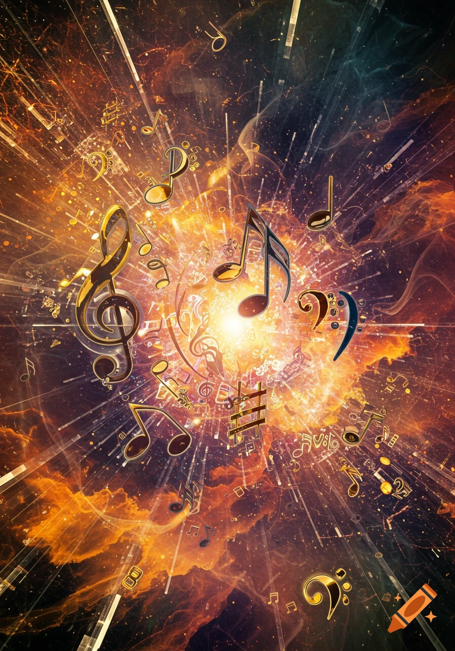 Golden musical notes and symbols explode from a bright light in a vibrant, abstract cosmic background with orange and teal nebulae.