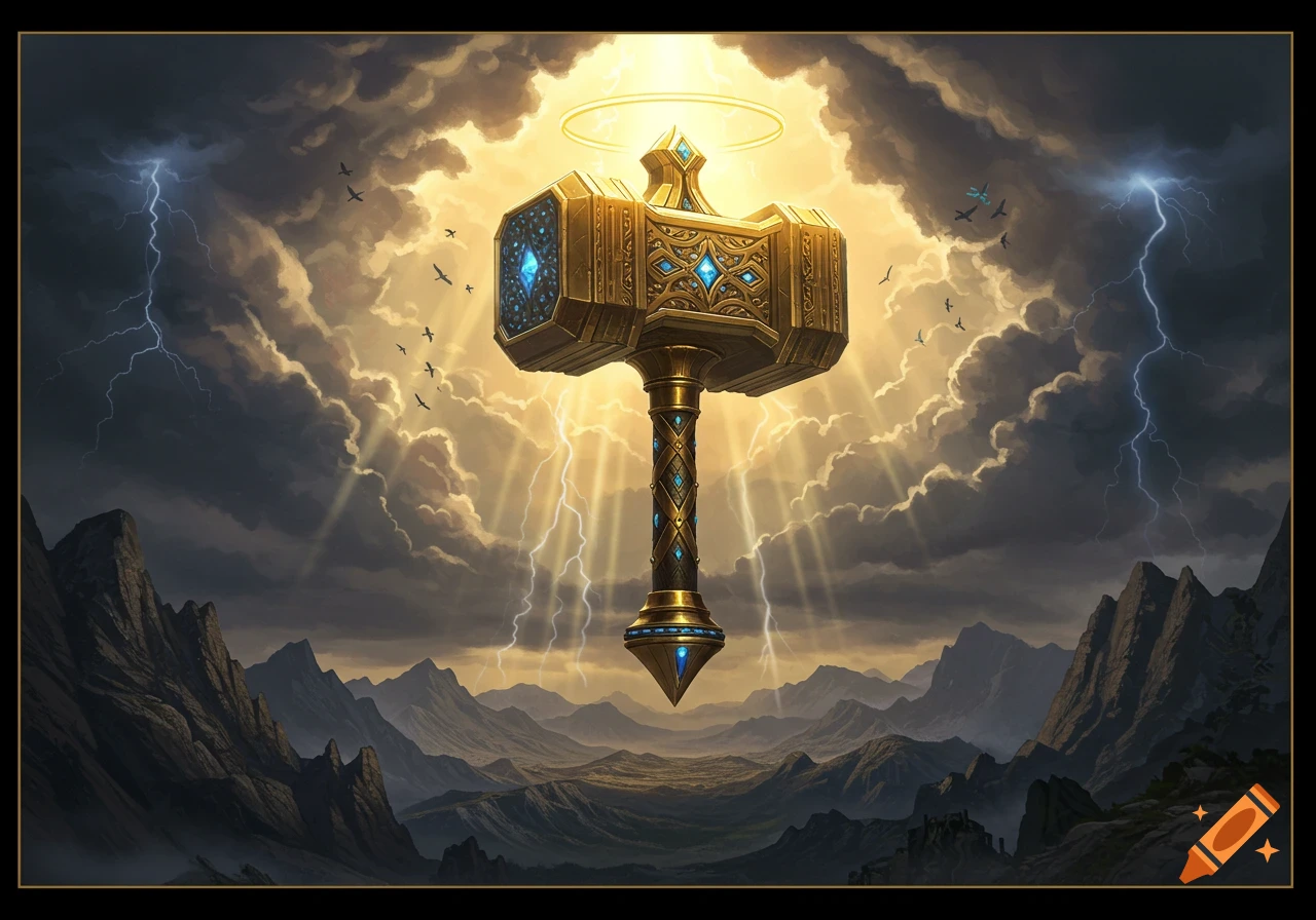 A majestic golden hammer with blue glowing gems floats in a dramatic sky with lightning and sun rays over mountains.