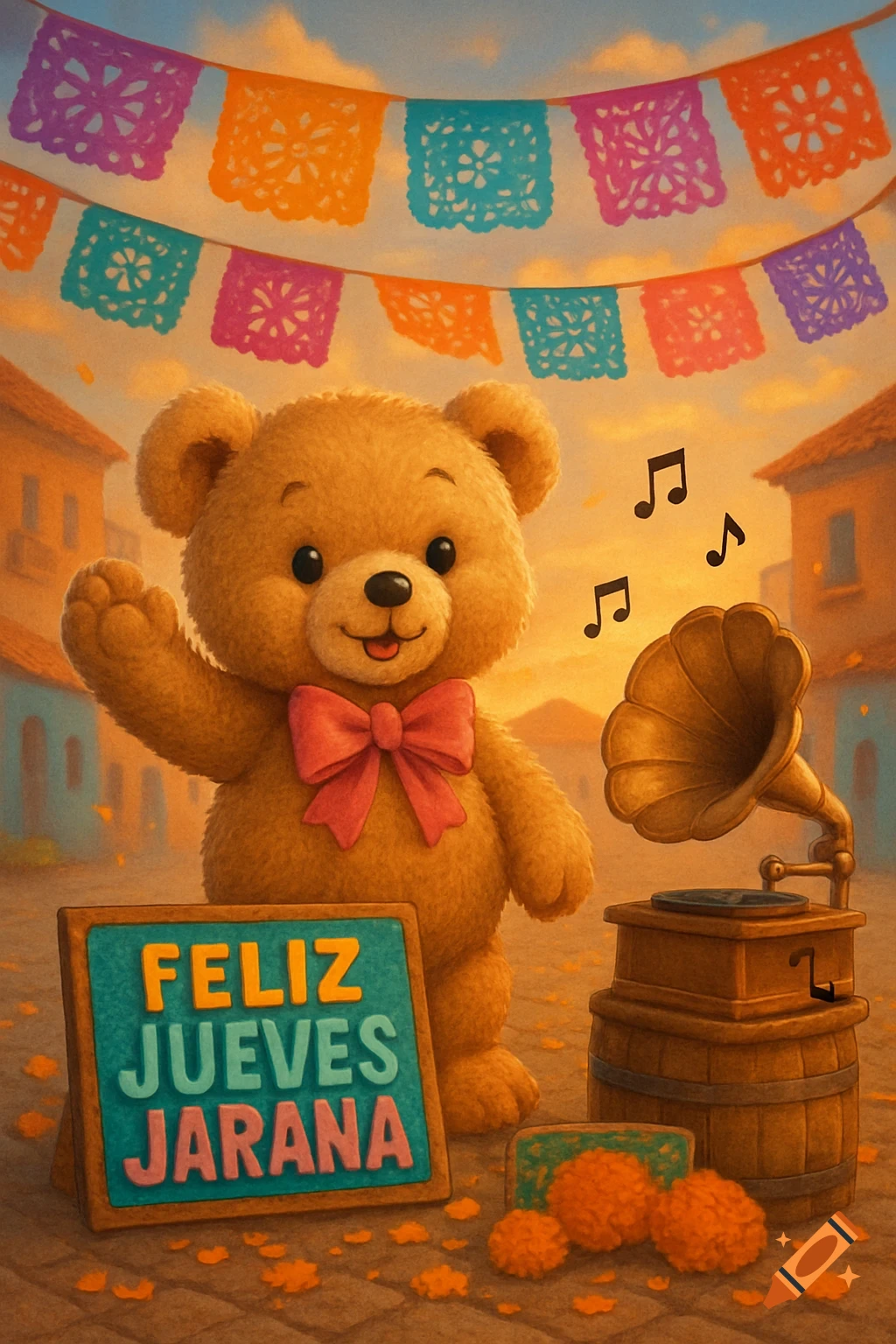 A cute teddy bear with a pink bow tie waves next to a sign saying 'FELIZ JUEVES JARANA', a phonograph, and marigolds, under colorful flags.