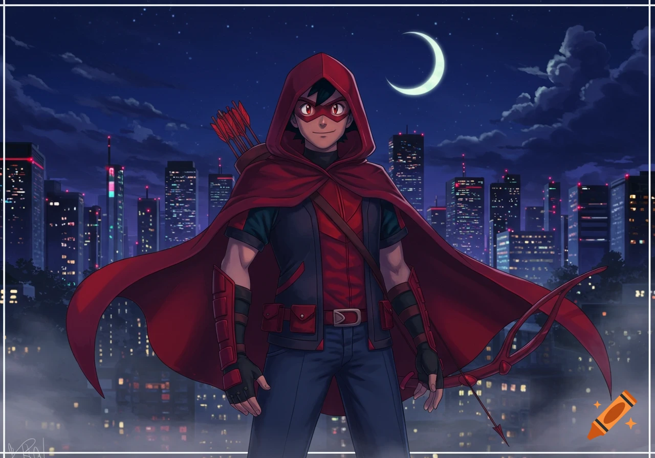 An anime illustration of Ash Ketchum in a red superhero costume with a bow and quiver, standing before a city skyline at night.