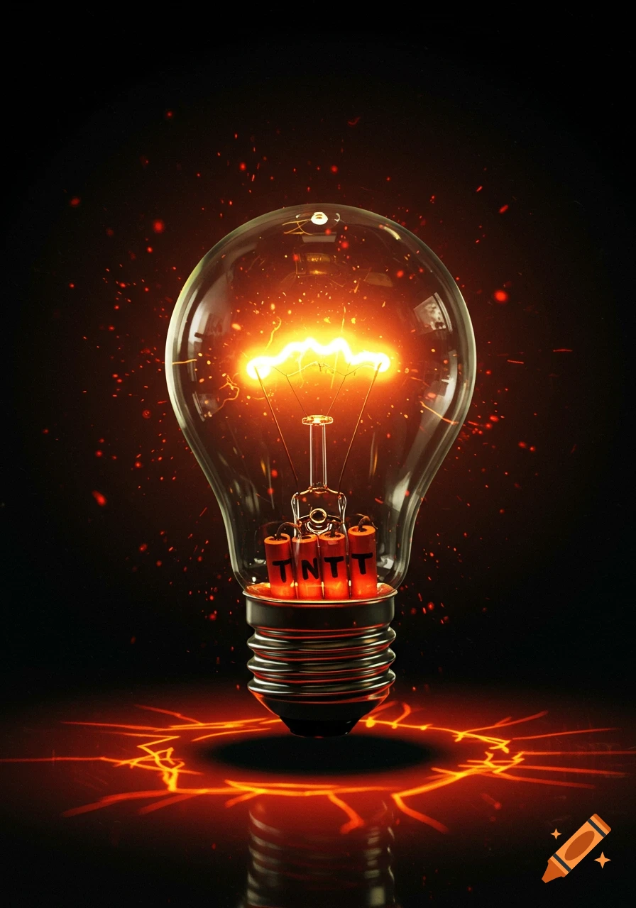 A glowing lightbulb with four sticks of dynamite marked 'TNTT' inside, surrounded by orange sparks on a dark surface.