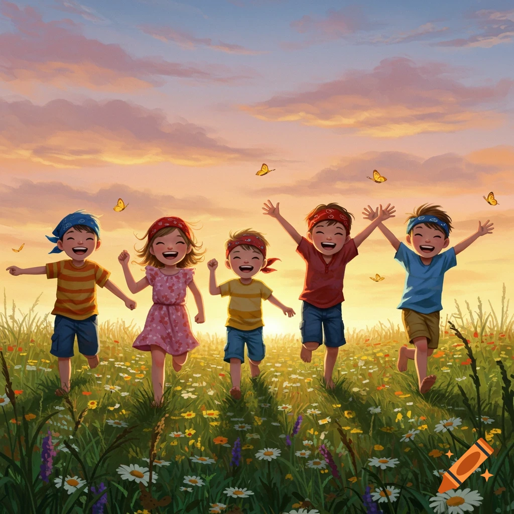 Five joyful children wearing bandanas run through a grassy field with wildflowers and butterflies at sunset, in an illustration.