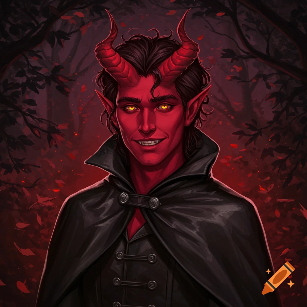 A fantasy portrait of a red-skinned tiefling man with dark horns, golden eyes, pointy teeth, and unruly dark hair, wearing a black cloak, smiling in a dark forest.