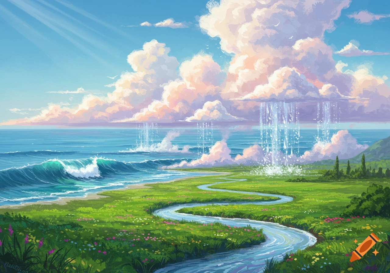 A vibrant, stylized landscape depicting the water cycle with ocean waves, a winding river, green fields, and clouds raining over the sea.
