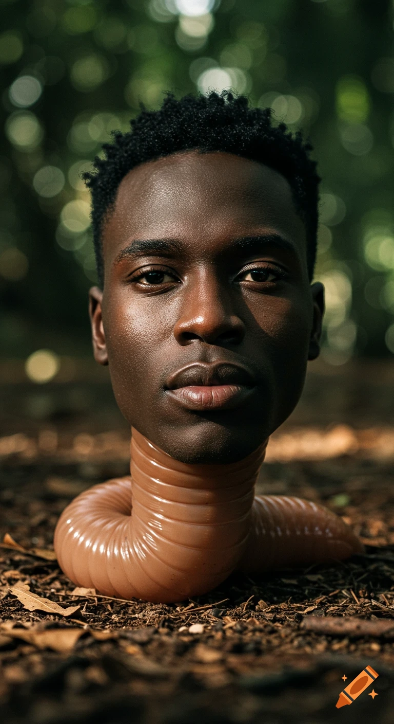 Photorealistic portrait of a Black man's head on a segmented worm body, emerging from soil in a forest.