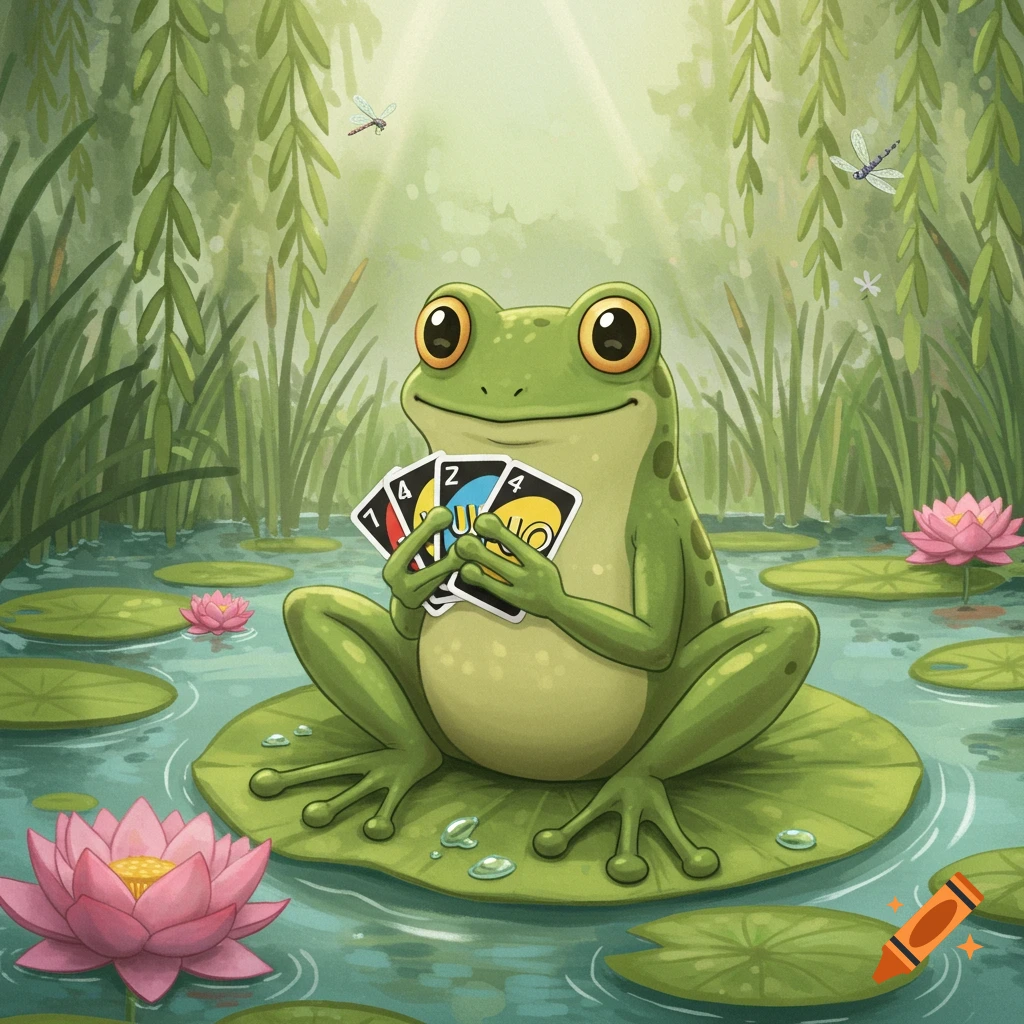 A cartoon frog sits on a lily pad, holding Uno cards, in a pond with pink lotus flowers and dragonflies flying overhead.