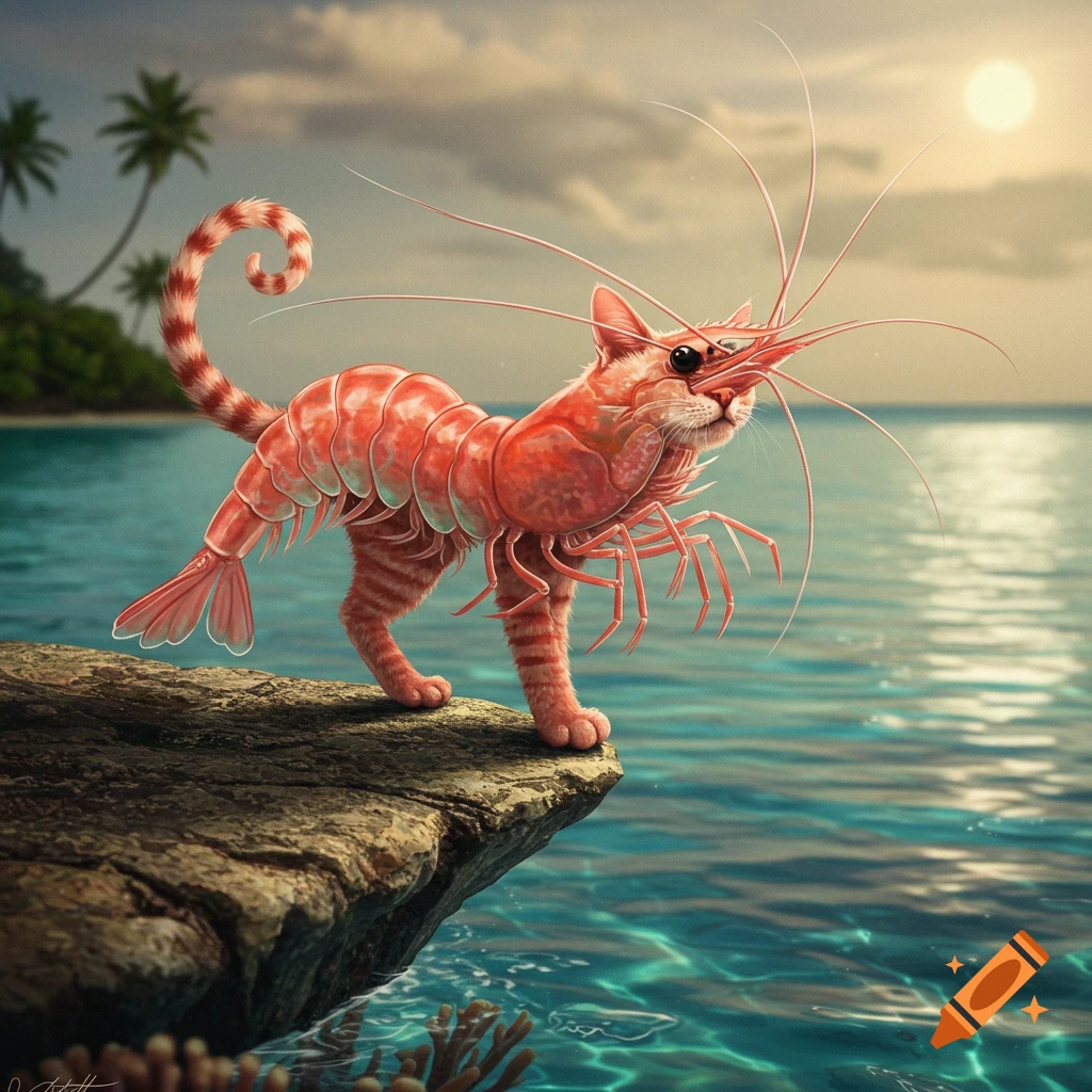 A photorealistic cat with a shrimp body stands on a rock overlooking a tropical ocean with palm trees in the background.