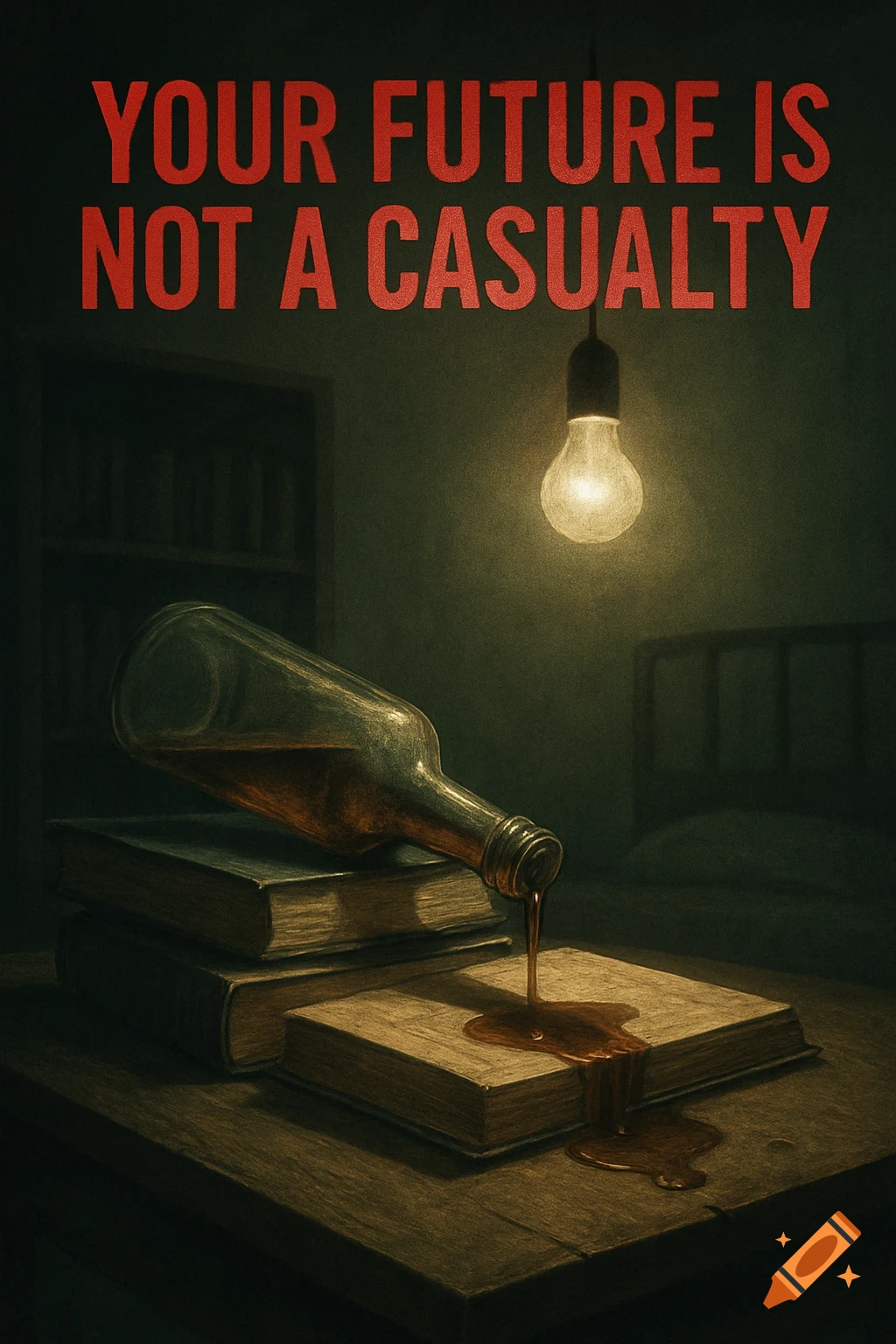 A dark, somber illustration of a bottle pouring liquid onto books, with text 'YOUR FUTURE IS NOT A CASUALTY'.