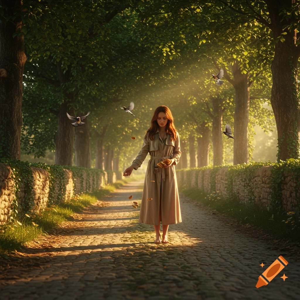 A photorealistic image of a woman in a trench coat feeding birds on a sunlit cobblestone path lined with green trees.