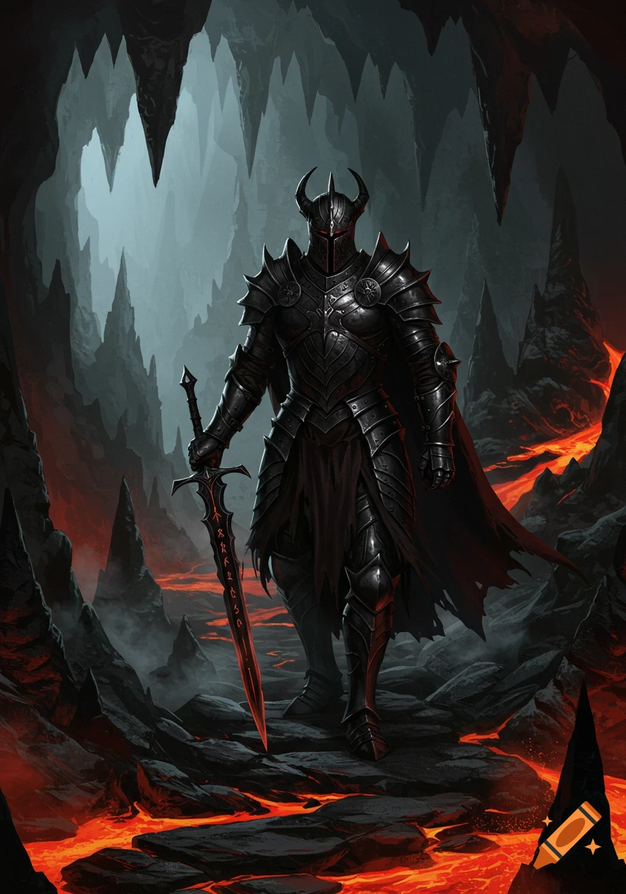 A dark knight in ornate black armor, holding a glowing red runic sword, stands in a lava-filled cave. Dark fantasy art.