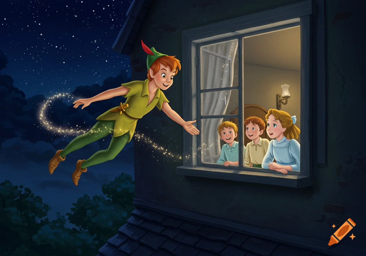 Peter Pan flies outside a house window, reaching his hand towards Wendy and her brothers looking out at the starry night sky.