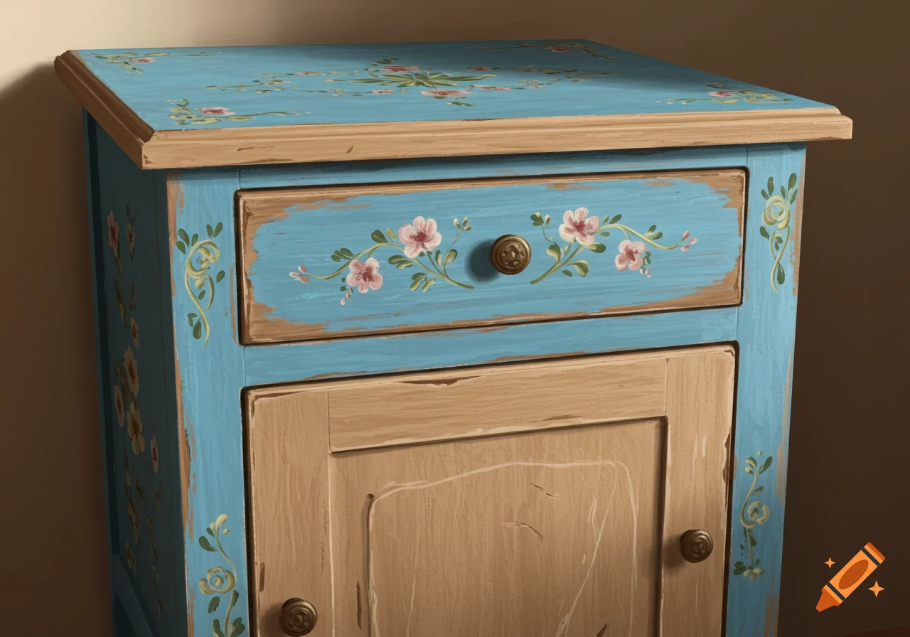 Distressed blue bedside table with light wood trim, a drawer, and a cabinet, adorned with painted pink flowers and green vines.