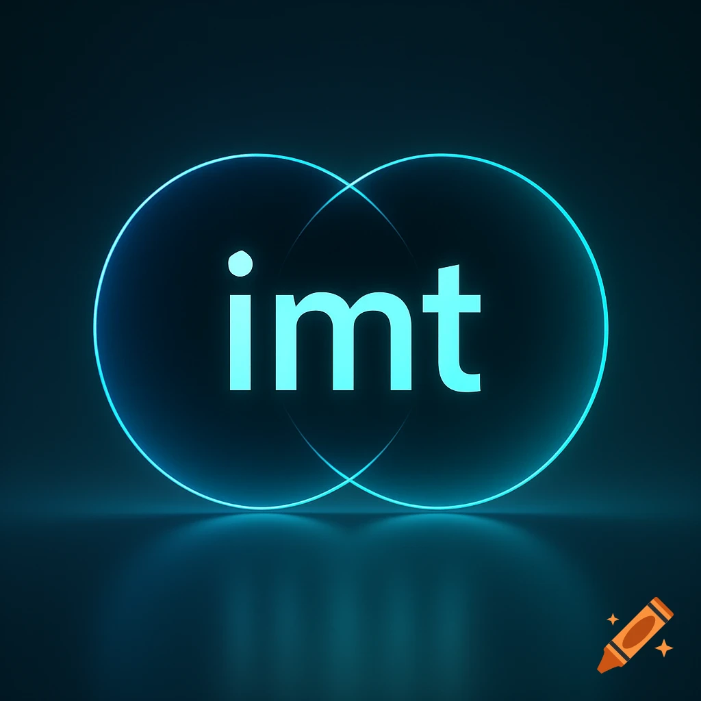 A glowing neon blue logo featuring two interconnected circles with the letters 'imt' in the center, reflected on a dark surface.