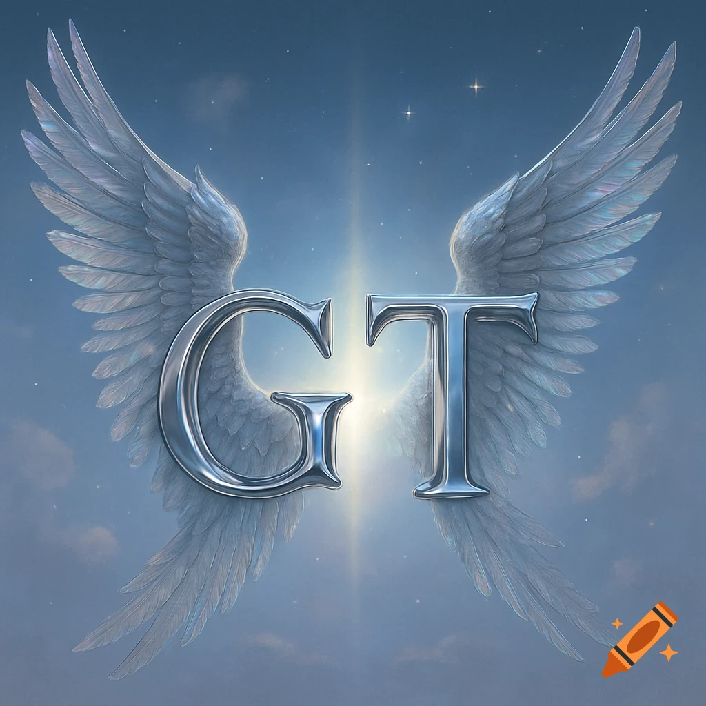 Metallic silver letters G and T with large white feathered wings, set against a glowing light in a starry blue sky with clouds.