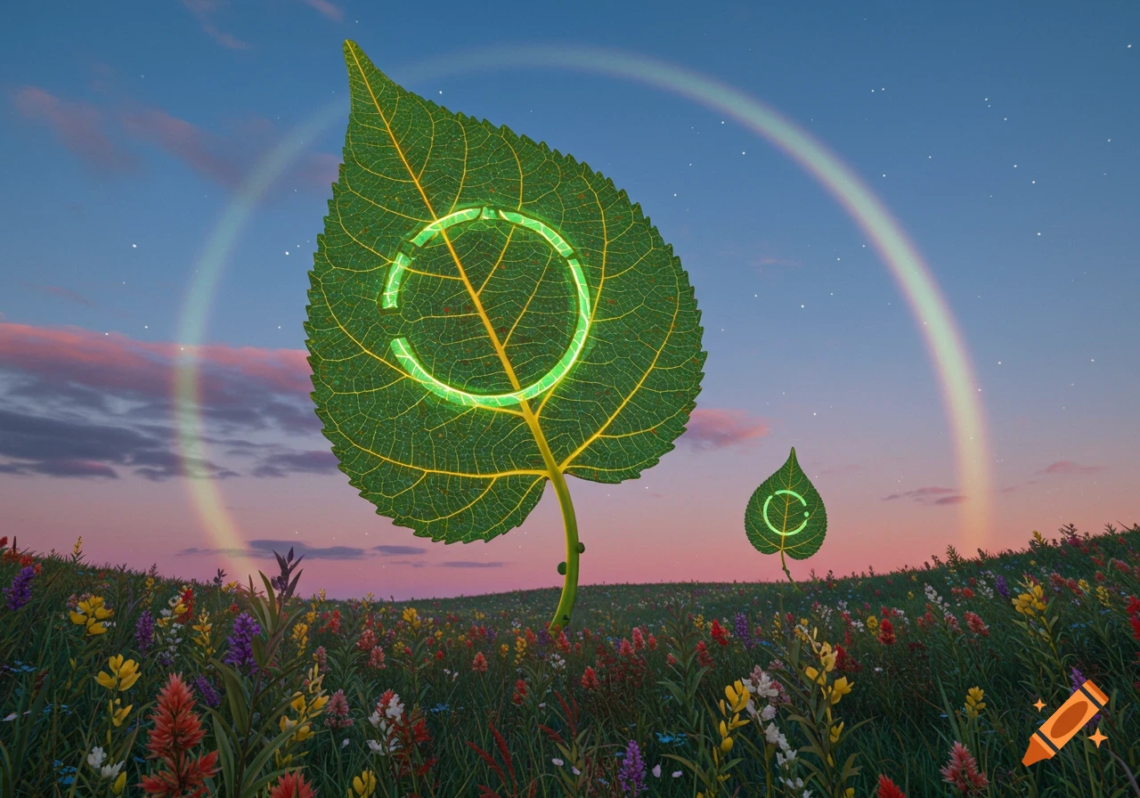 Two large green leaves with glowing symbols stand in a field of wildflowers at sunset under a rainbow.