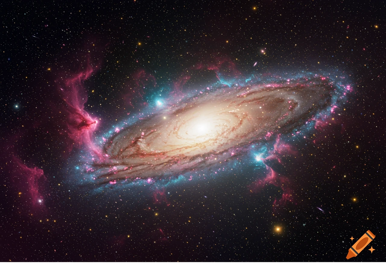 A vibrant spiral galaxy with a bright core, surrounded by pink and blue nebulae and countless stars in deep space.