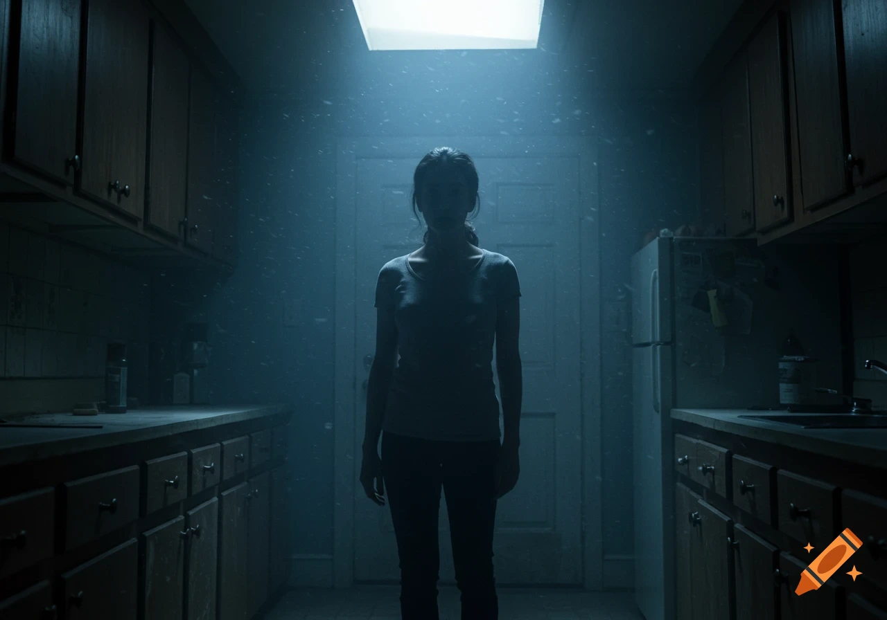A woman stands rigid in a dark, atmospheric kitchen, illuminated by a skylight.