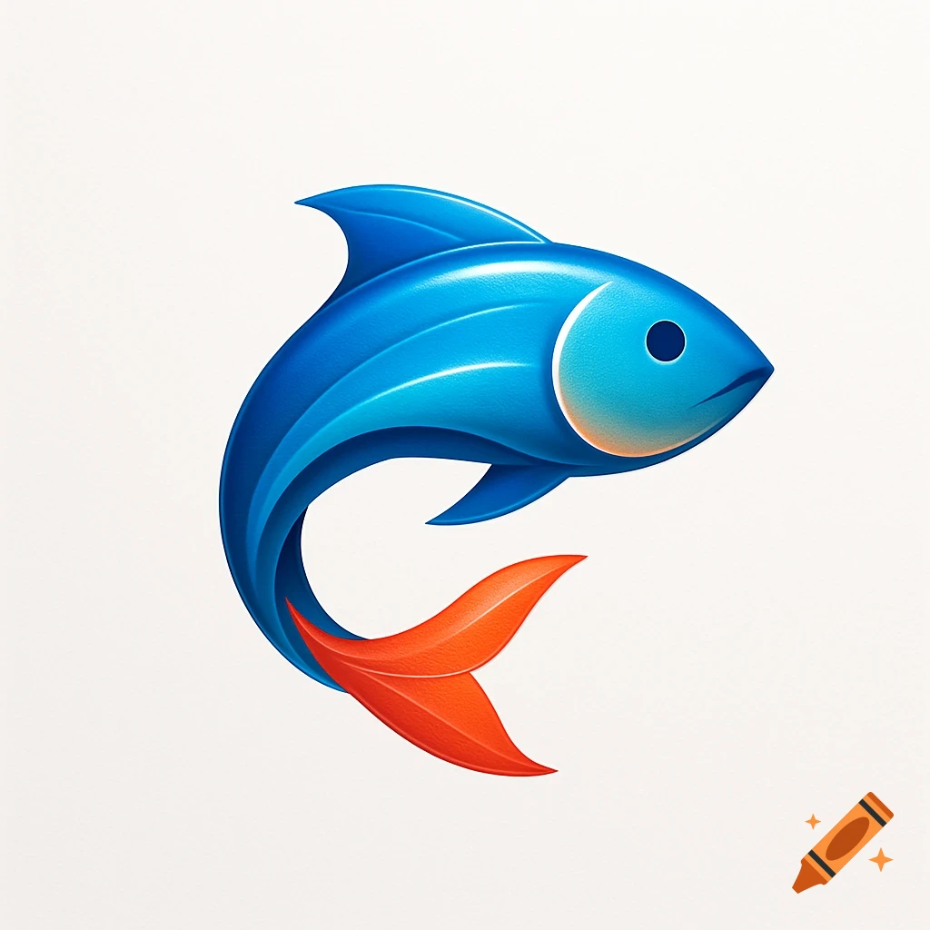 A stylized blue fish logo with a bright orange tail and fins on a white background.