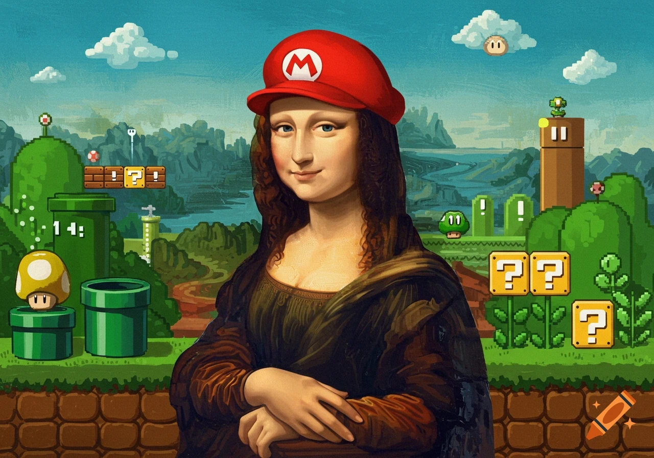 Mona Lisa wearing a red Mario cap, smiling in front of a pixelated Super Mario Bros. level background with pipes and blocks.