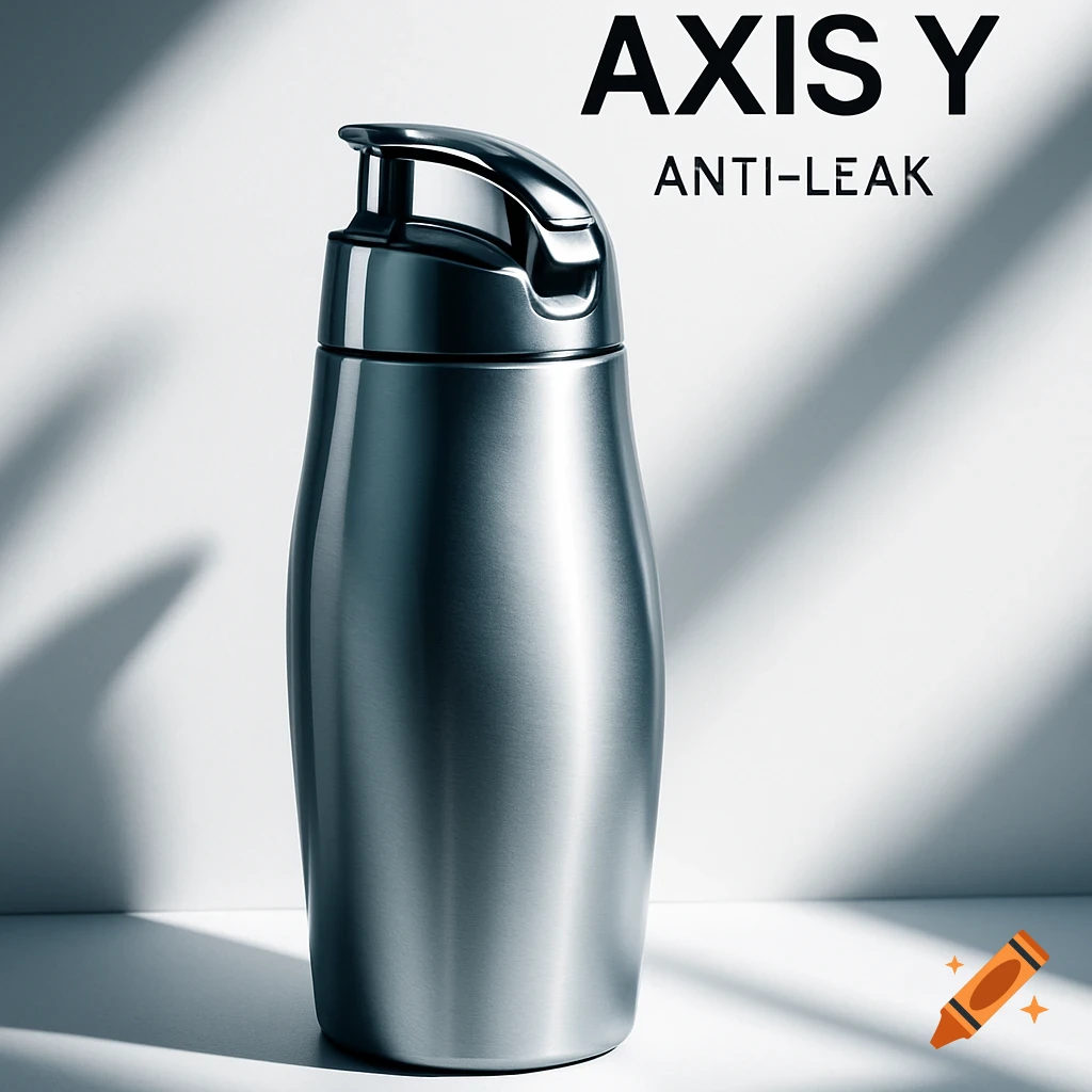 Sleek metallic pump bottle for 'Axis Y Anti-Leak' product against a bright white background with soft shadows.