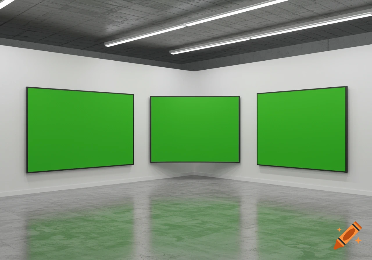 Three green screen panels on white walls in a modern room with a concrete floor and ceiling.