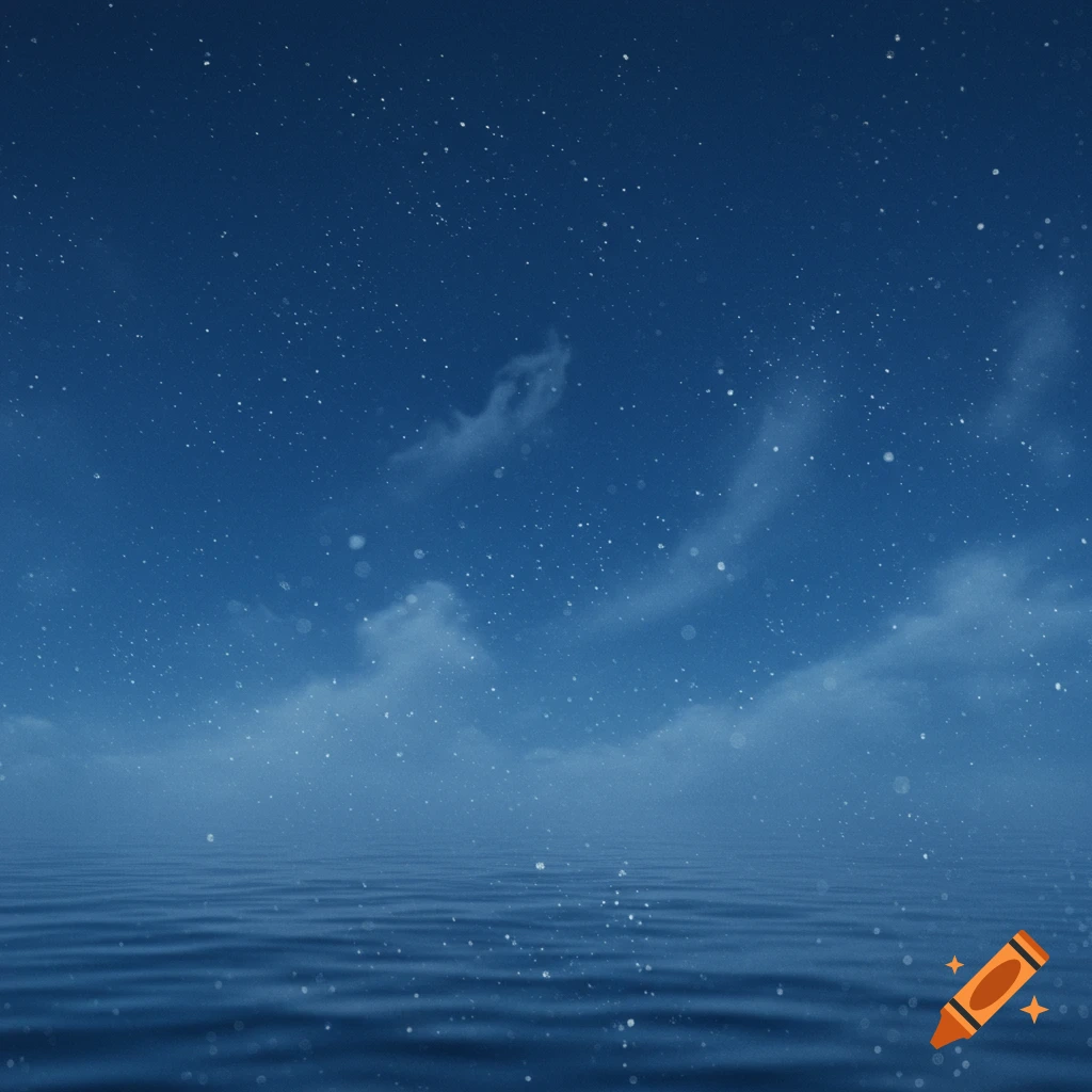 A dark blue starry night sky over calm dark blue water.