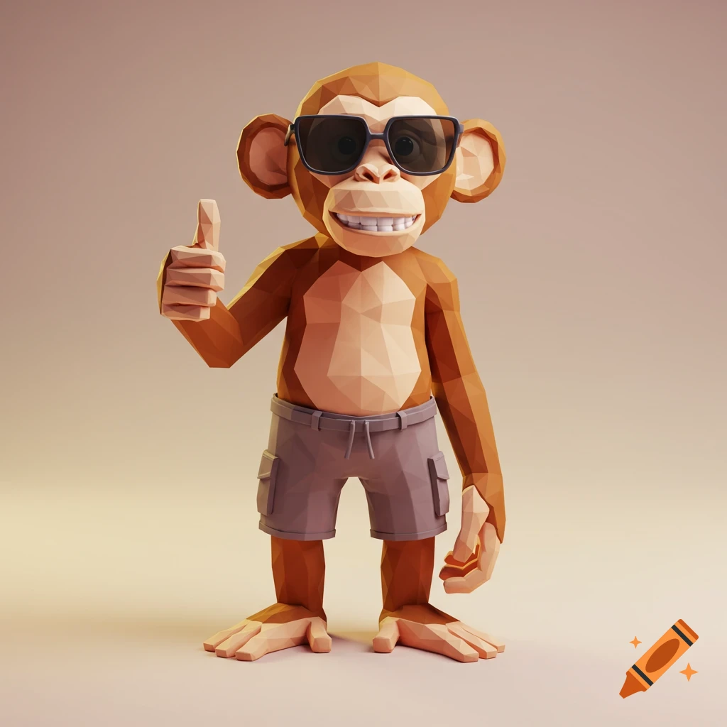 A low-poly monkey in cargo shorts and sunglasses gives a thumbs up against a plain background.